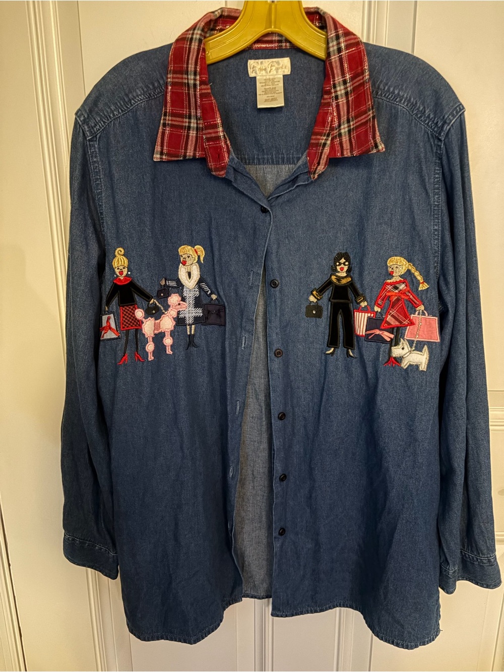 Vintage woman’s denim shirt with Red Plaid Collar